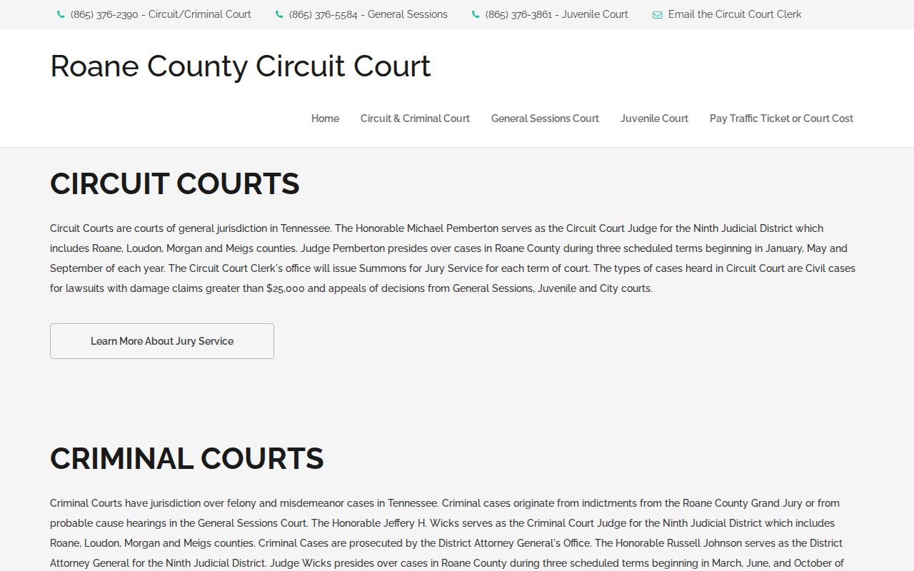 Roane County Circuit and Criminal Courts jurisdiction page