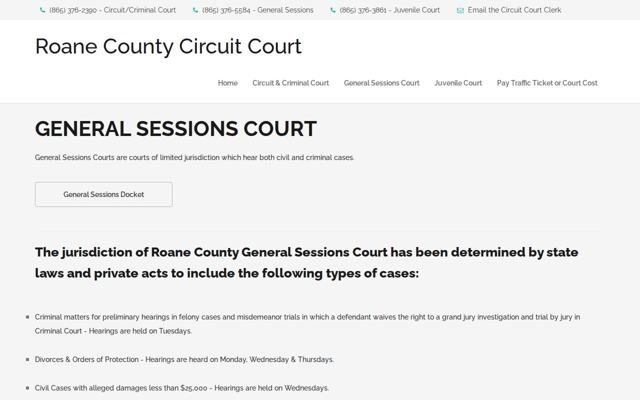 Roane County General Sessions criminal jurisdiction and schedule page