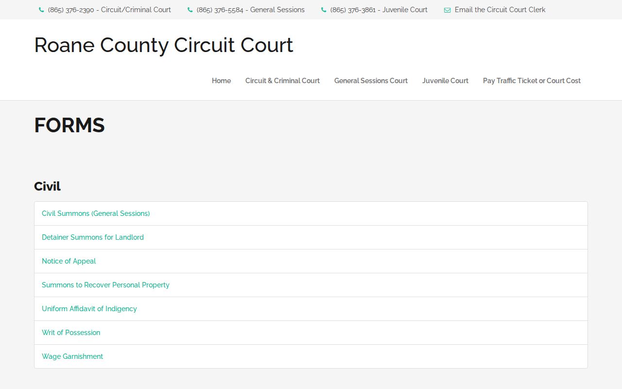 Roane County civil, domestic, subpoena, and appeal forms index