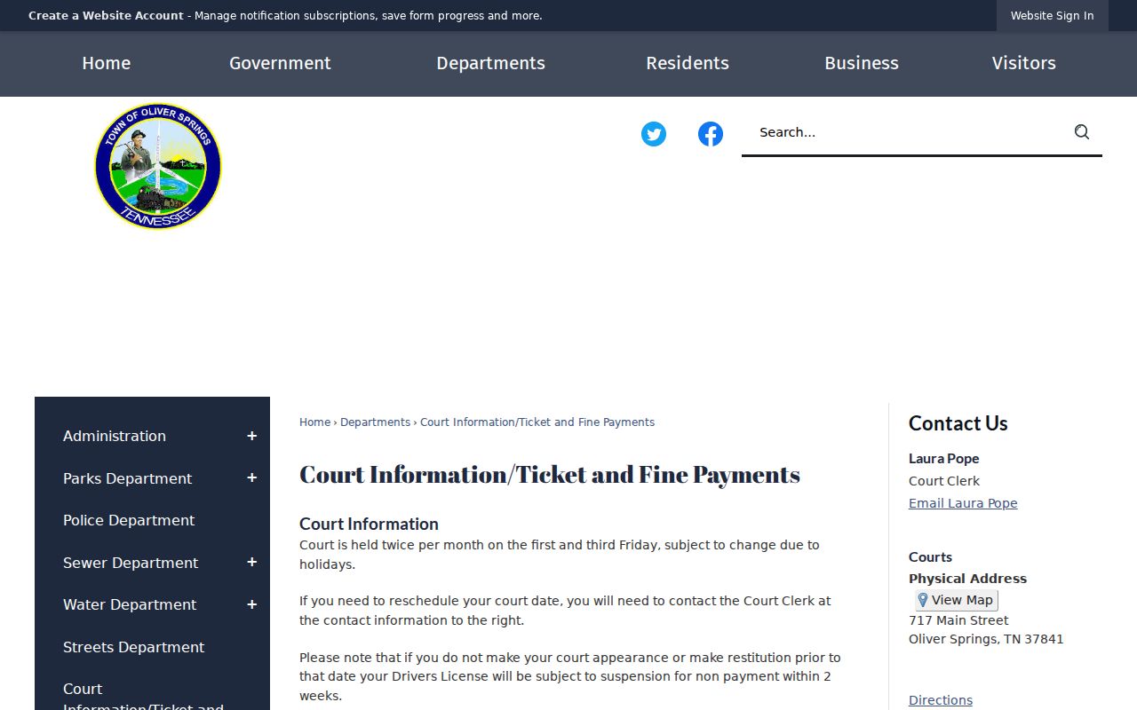 Official Oliver Springs City Court information and payment page